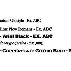 May include: A white background displays text in black font styles. The text lists five fonts: Bodoni Oldstyle, Time New Romans, Arial Black, Monotype Corsiva, and Copperplate Gothic Bold. Each font is followed by "Ex. ABC".