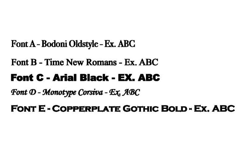 May include: A white background displays text in black font styles. The text lists five fonts: Bodoni Oldstyle, Time New Romans, Arial Black, Monotype Corsiva, and Copperplate Gothic Bold. Each font is followed by "Ex. ABC".
