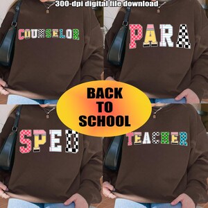 Retro School Occupation PNG Bundle, Back to School Teacher Sped Para Counselor, Preppy First Day of School Checkered Girly Png, Drawn