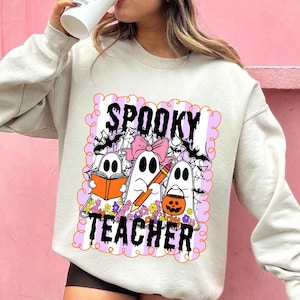 Spooky Teacher Png, Coquette Teacher Halloween Png, Halloween Ghost Teacher Shirt Design, Trick or Teach Png, Floral Spooky Season Png