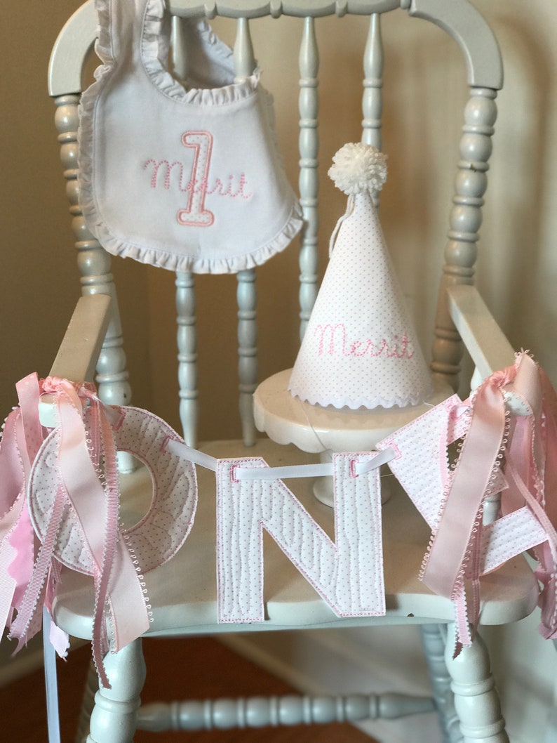 Pink Bitty Dot First Birthday Set with Appliqu\u00e9 /& Embroidered Bib