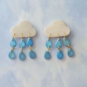 Raindrop Cloud Earrings – Handmade Blue Dangle Earrings | Cute Kawaii Weather Jewelry | Polymer Clay Clouds