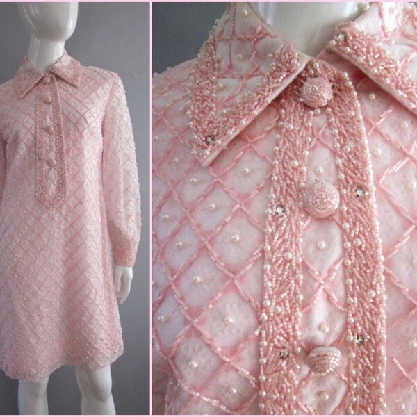 vintage 60s Beaded Lace Dress Pearl lace Dress Mod 60s Dress Mad Men Dress Sheer lace dress beaded dress pink 60s Dress Cocktail Dress M