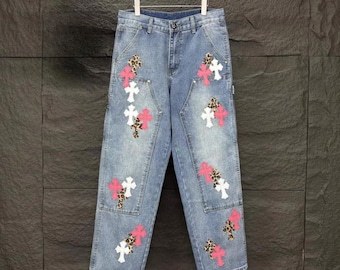 Light Blue Cross Patch Jeans – Pink, White & Leopard Streetwear Denim
