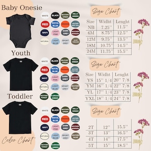 May include: A product image featuring a black baby onesie, youth and toddler t-shirts. Color and size charts are included, with options like red, navy, and orange. The size chart shows measurements in inches.