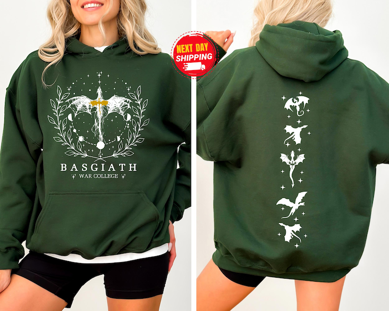 May include: Dark green hoodie with a front graphic featuring a dragon design, the text "BASGIATH WAR COLLEGE", and a back graphic with several dragon silhouettes. The hoodie has a hood and a front pocket.
