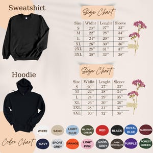May include: Black sweatshirt and hoodie with size and color charts. The size chart shows measurements in inches for width, length, and sleeve length. The color chart includes options like white, sand, and orange.
