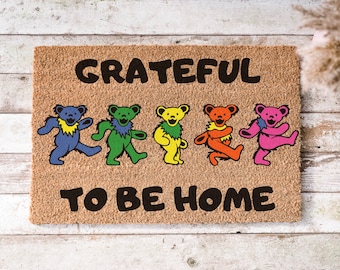 Grateful To Be Home Doormat, Grateful Dancing Bears Welcome Mat, Rainbow Housewarming Gift, Funny Custom Outdoor Entryway Mat, Welcome Mat