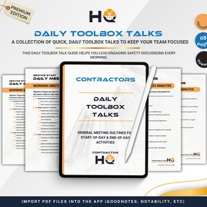 Może przedstawiać: Cyfrowy tablet wyświetlający "Daily Toolbox Talks" z białym rysikiem. Tablet pokazuje zarysy spotkań dla wykonawców, z tekstem "Contractor HQ" i etykietami "Premium Edition". Obraz zawiera tekst "Import PDF files into the app".