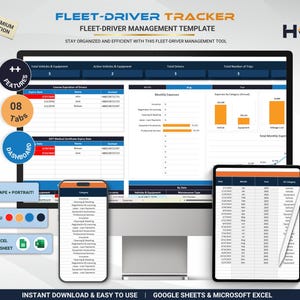 May include: A digital fleet-driver management template displayed on a computer monitor, tablet, and smartphone. The template includes data tables, charts, and the text "FLEET-DRIVER TRACKER". The image also shows the text "INSTANT DOWNLOAD & EASY TO USE".