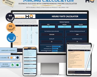 May include: A digital pricing calculator displayed on a computer monitor, tablet, and smartphone. The calculator features a dashboard, multiple options, and is compatible with MS Excel and Google Sheets. The text reads "Pricing Calculator".