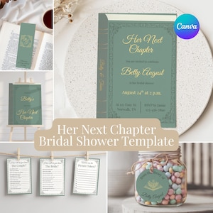 May include: A collage of bridal shower stationery with a book theme. Includes an invitation, bookmark, sign, and game cards. The invitation reads "Her Next Chapter" and includes event details. A jar of colorful candies is also shown.