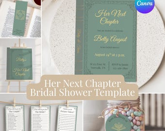 Book Theme Bridal Shower Bundle: Editable Canva Templates (Digital Download), Her Next Chapter Invite