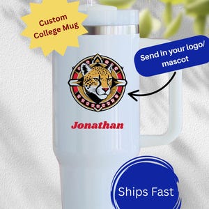 personalized college tumbler cup, school logo tumbler gift from parents, custom college merch, back to school gift for student from teacher