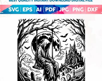 Halloween ghost Svg Png, Haunted Ghost Swing Shirt Design, Moon Spooky Night Sublimation, Creepy Fall Scene Png, Gothic Aesthetic Art