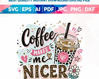 Kaffe gör mig trevligare SVG PNG rolig kaffeälskare PNG fräck iskaffe PNG retro rutig PNG preppy trendig leopardskjorta för kvinnor design