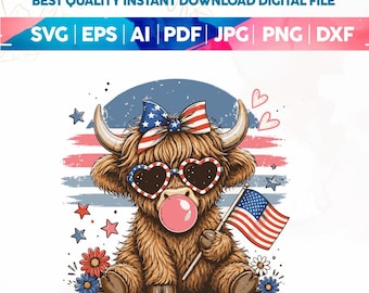 Highland Cow 4th July Bow Png Svg, 4th Of July Cow Png, American Flag Cow Png Svg, USA Cowgirl Png, Independence Day Png, Trendy Patriotyczne Zwierzę