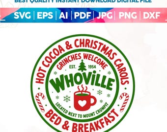Julsäng och frukost Svg, Whoville-inspirerad, varm choklad och julsånger Design, juldekoration, julskylt Svg, Cricut Svg, direktnedladdning