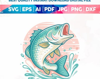 Retro Bass Fish SVG PNG, Pastell Fiske Grafik, Preppy Coastal Lake Design, Sommar Fiske T-shirt Design, Fisk Svg Png, Sublimering PNG, Cricut