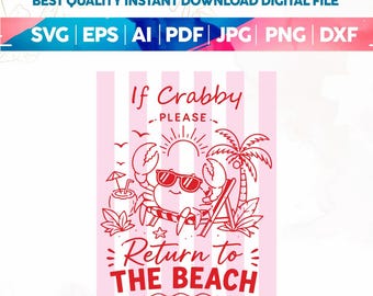 Om du är sur, vänligen återvänd till stranden SVG PNG, rolig krabba strandskjorta PNG, randig sommar sublimeringsdesign, retro strandskjorta PNG, Cricut