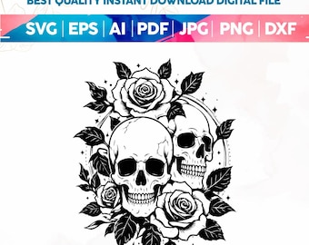 Dödskallar och rosor SVG png, Dödskallar och rosor DXF, Dödskallar och rosor PNG, Klippfil, Clipart, Digital fil, Svg-fil, Silhuett, Direktnedladdning