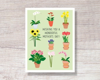 Mother's Day card potted flowers - hand drawn spring potted flowers for mom for wife for grandmom grandma - H190