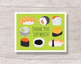 Thank You Soy Much, Sushi Thank You Note Card - Single Card or Boxed Set, Hand Drawn Note Cards - D415