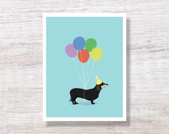 Dachshund with Balloons, Birthday Card for him for her, funny birthday dog - D211