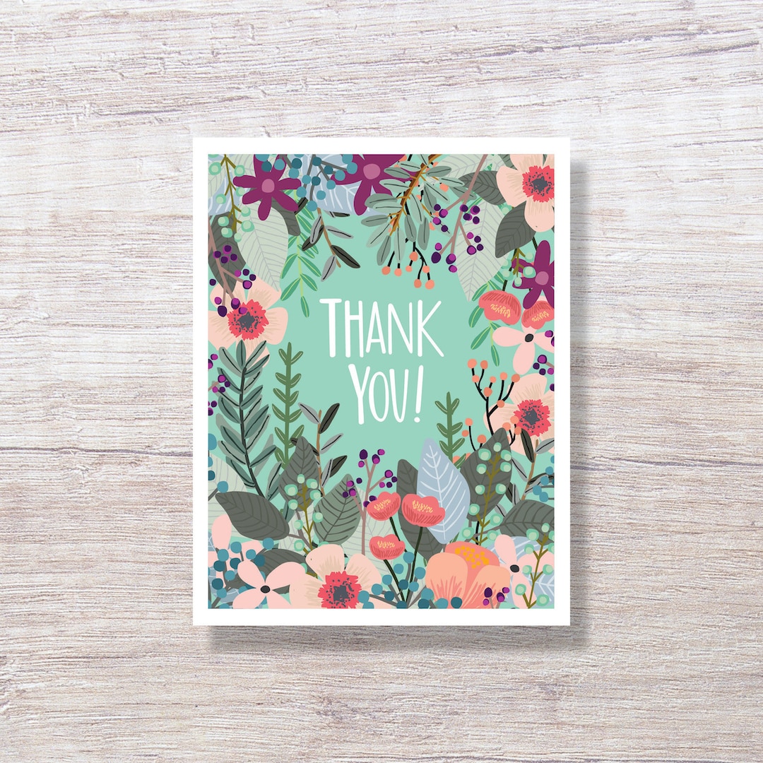 Thank You Cards, Single Card or Boxed Set, Hand Drawn, FLORAL THANKS ...