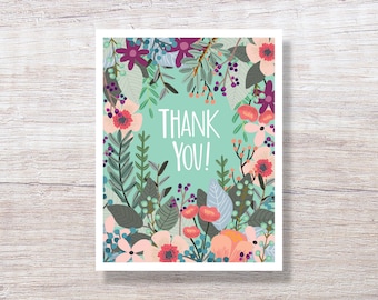 Thank You Cards, Single Card or Boxed Set, Hand Drawn, FLORAL THANKS - D257