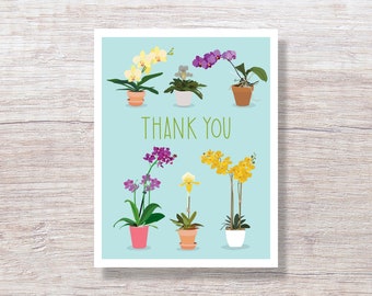 Potted Orchids Thank You Cards, Single Card or Boxed Set, Hand Drawn - D474