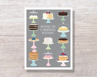 Birthday Card Hand Drawn for Her, for Mom for Him Foodie Dessert Lover, BAKERY CAKES - D265