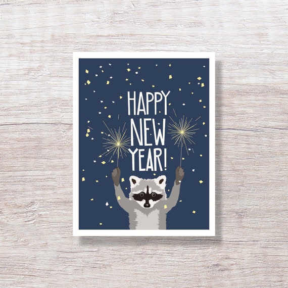 Raccoon with Sparklers Happy New Year - Single Card or Boxed Set New Year Cards - H329