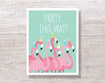 PARTY FLAMINGOS Funny Birthday Cards, Hand Drawn - D358