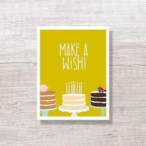 MAKE A WISH Birthday Cakes Greeting Card, Hand Drawn - D357