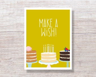 MAKE A WISH Birthday Cakes Greeting Card, Hand Drawn - D357