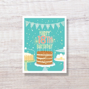 May include: A turquoise blue card with a white border and the text "Happy 18th Birthday" in pink and white. The card has a festive design with confetti, a cake, and cupcakes.