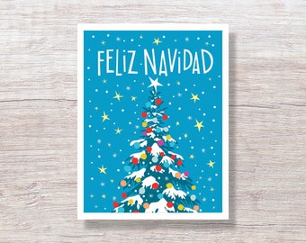 SPANISH LANGUAGE Feliz Navidad Winter Christmas Tree - Single Card or Boxed Set Christmas Cards - H328