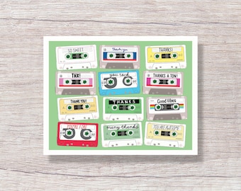 Retro Cassette Tapes Thank You Note Card - Single Card or Boxed Set, Hand Drawn Note Cards - D414