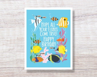 Illustrated Birthday Card with Hand Lettering. for him for her, BIRTHDAY FISHES - D284