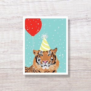 Tiger with Balloon Birthday Card - Modern humorous design - D395