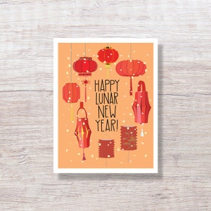 May include: A greeting card with the text "Happy Lunar New Year!" and an illustration of red Chinese lanterns hanging from the ceiling. The background is a light orange color.