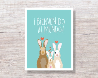 SPANISH LANGUAGE Baby Rabbit Welcome to the World - New Baby, Gender Neutral Congratulations Card - D449