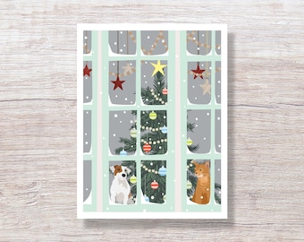Pets in Snowy Christmas Window - Single Card or Boxed Set Christmas Cards - H386