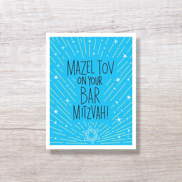 Jewish Star BAR MITZVAH Mazel Tov, Illustrated Congratulations Birthday Card - D408