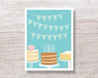 Hooray!  Three Cakes, Illustrated Birthday Card - D466