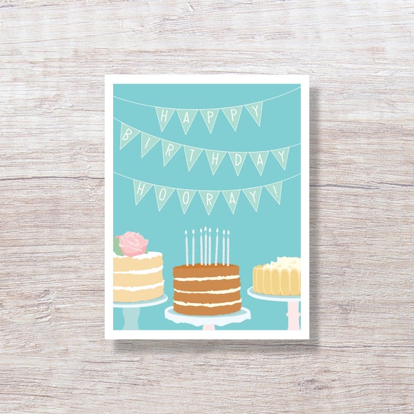 Hooray!  Three Cakes, Illustrated Birthday Card - D466