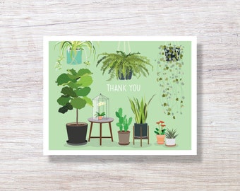 Potted Houseplants Thank You Note Card - Single Card or Boxed Set, Hand Drawn Note Cards - D363