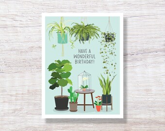 Potted Houseplants Birthday Card - hand drawn horticulture - D335