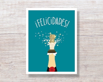 SPANISH LANGUAGE Bravo Champagne Congrats - Illustrated Congratulations Card Handmade - D450